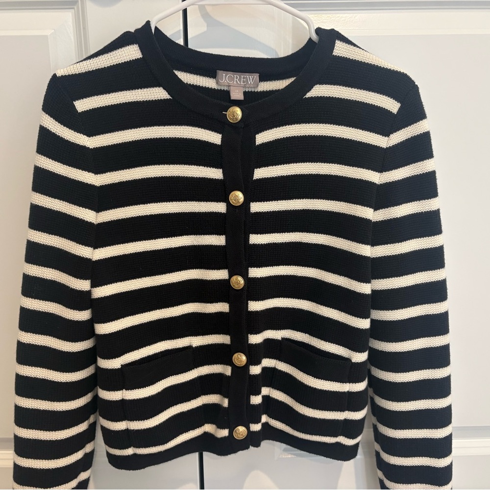 J.Crew Emilie Sweater Lady Jacket in Black Ivory Stripe Knit Cardigan - XS